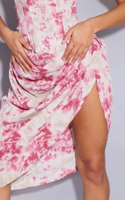 Fuchsia Tie Dye Ruched Side Midi Skirt