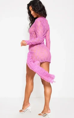 Fuschia Lace Boat Neck Long Sleeve Wrap Bodycon Dress