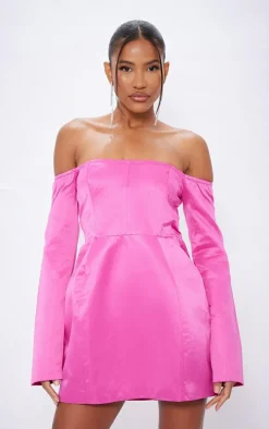 Fuschia Satin Corset Bardot Bodycon Dress