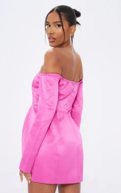 Fuschia Satin Corset Bardot Bodycon Dress