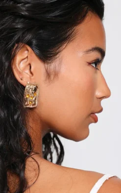 Gold Abstract Diamante Stud Earrings