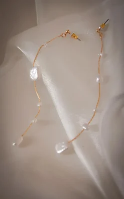 Gold Abstract Pearl Detail Tassel Earrings