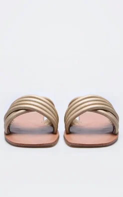 Gold Brushed Metallic Padded Cross Over Strap Flat Sandals