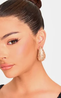 Gold Clear Diamante Teardrop Stud Earrings