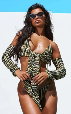 Gold Contrast Stripe Plisse Bardot Beach Top