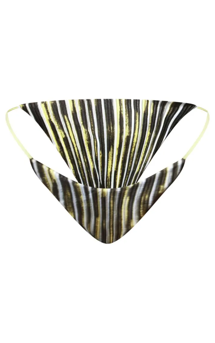 Gold Contrast Stripe Plisse Triangle Bikini Top