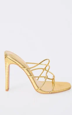 Gold Croc Pu Round Heeled Mules