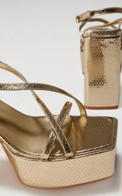 Gold Croc PU Square Toe Cross Strap Platform Heeled Sandals