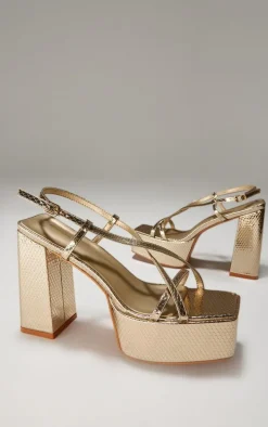 Gold Croc PU Square Toe Cross Strap Platform Heeled Sandals