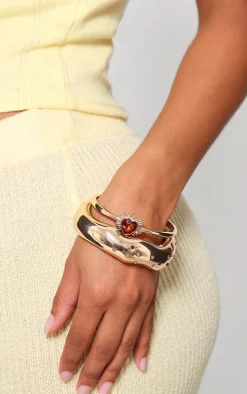 Gold Diamante Heart Detail 2 Pack Bangles