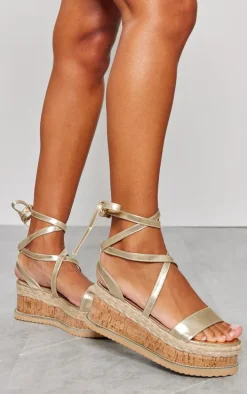Gold Espadrille Lace Up Flatform Sandals