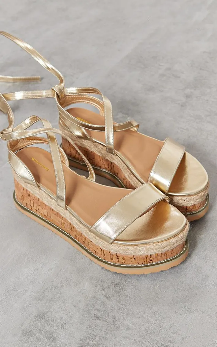 Gold Espadrille Lace Up Flatform Sandals