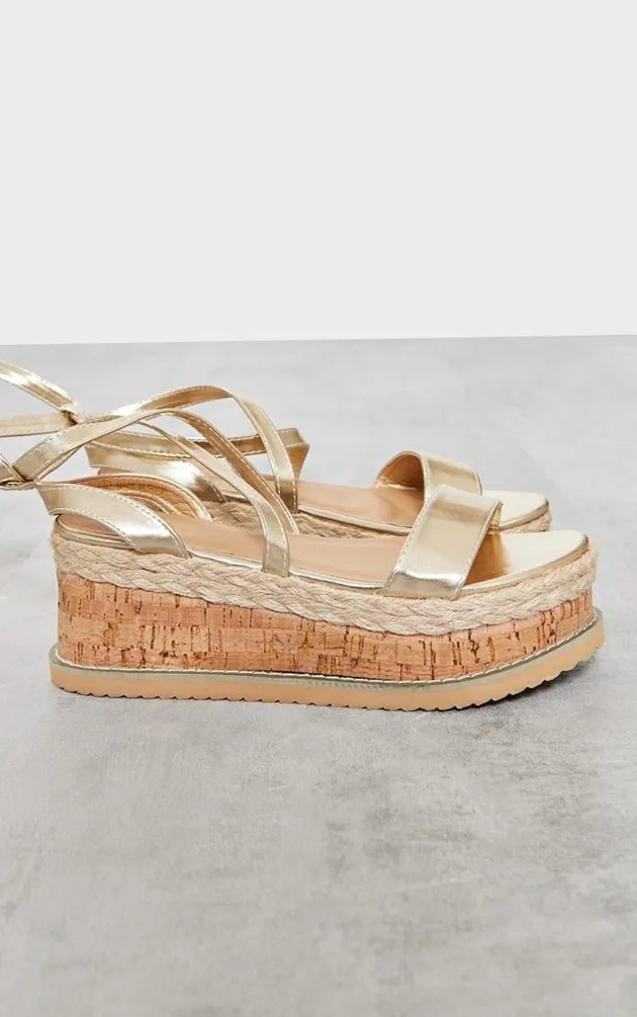 Gold Espadrille Lace Up Flatform Sandals