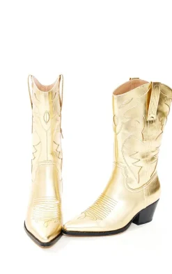 Gold Faux Leather Metallic Shine Block Heel Low Western Calf Boots