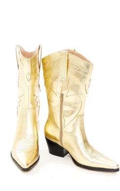 Gold Faux Leather Metallic Shine Block Heel Low Western Calf Boots