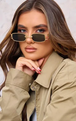 Gold Frame Slim Square Chunky Sunglasses