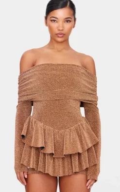 Gold Glitter Bardot Long Sleeve Rara Romper