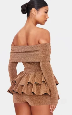 Gold Glitter Bardot Long Sleeve Rara Romper