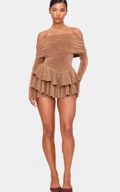 Gold Glitter Bardot Long Sleeve Rara Romper