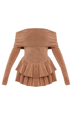 Gold Glitter Bardot Long Sleeve Rara Romper