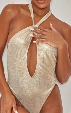 Gold Glitter Halterneck Cut Out Swimsuit