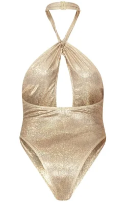 Gold Glitter Halterneck Cut Out Swimsuit