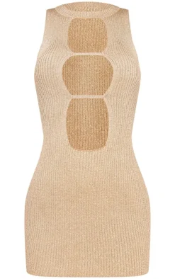 Gold Glitter Knit Ribbed Front Cut Out Mini Dress