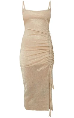 Gold Glitter Plisse Ruched Midi Dress