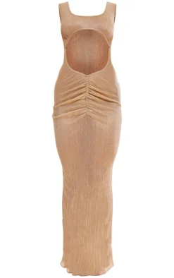 Gold Glitter Plisse Sheer Cut Out Split Leg Maxi Dress