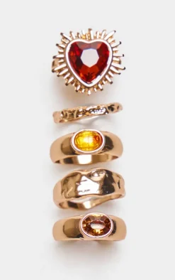 Gold Heart And Jewel Crinkle Multipack Rings