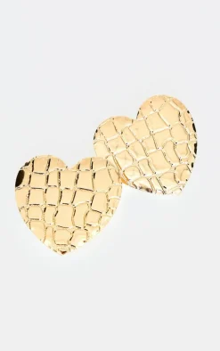 Gold Heart Croc Embossed Statement Earrings