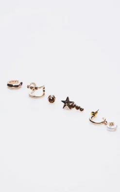 Gold Jewel Star And Pearl Multipack Earrings