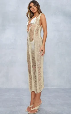 Gold Laddering Crochet Glitter Maxi Dress