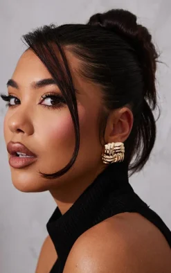 Gold Large Quilted Stud Earrings