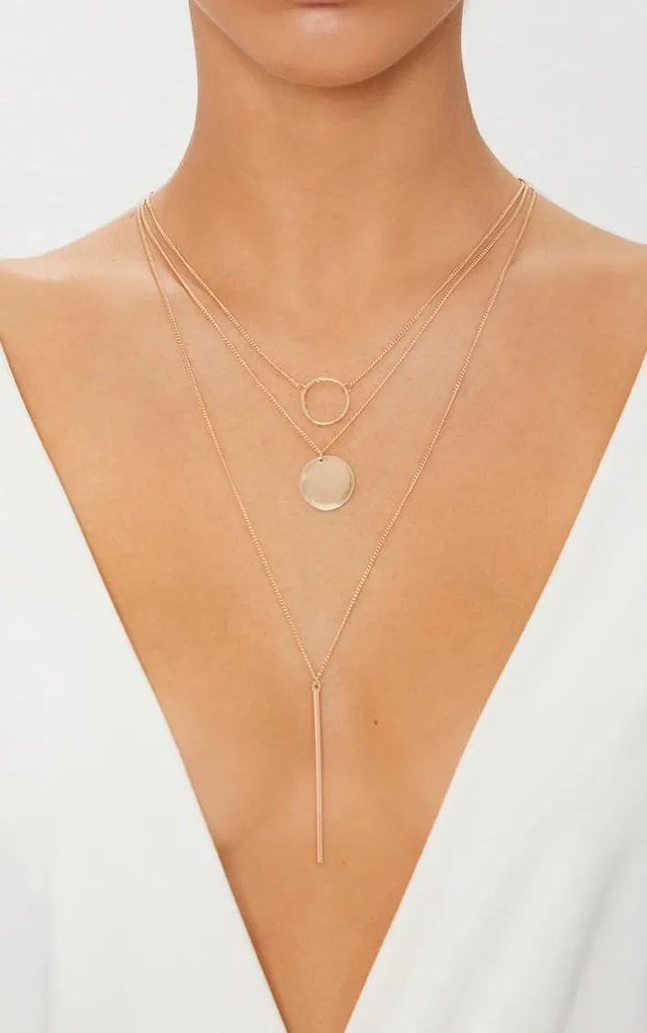 Gold Layered Disk Plunge Necklace