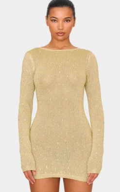 Gold Lurex Knit Gem Detail Open Back Mini Dress