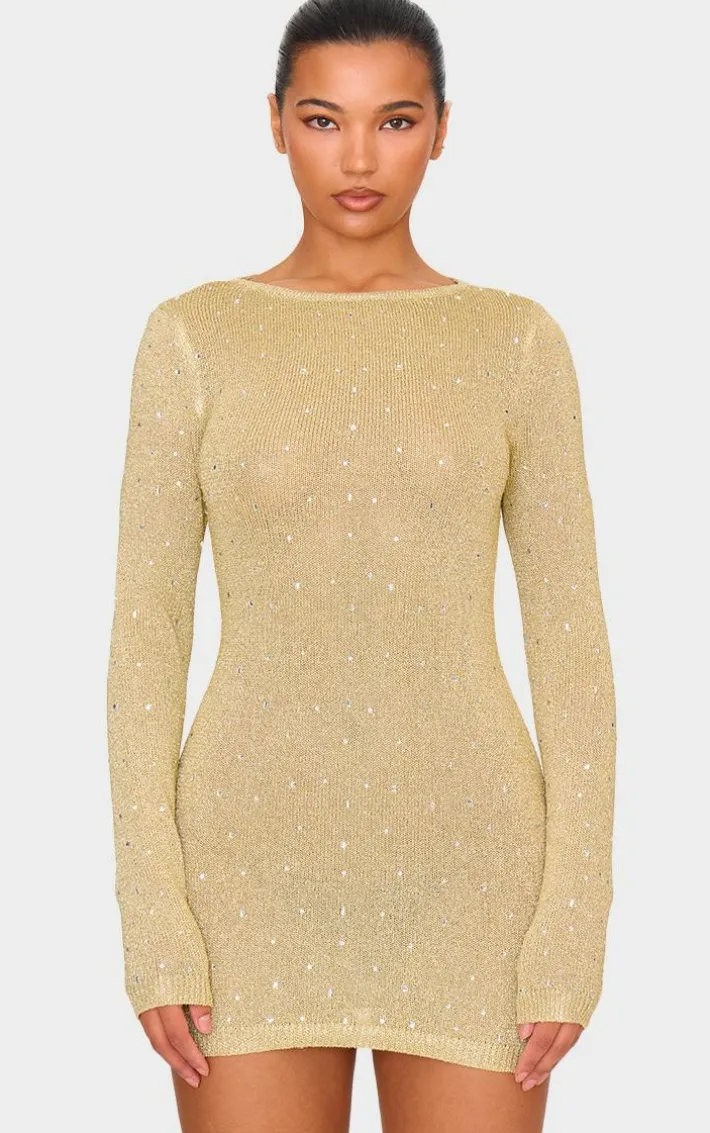 Gold Lurex Knit Gem Detail Open Back Mini Dress
