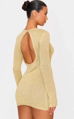 Gold Lurex Knit Gem Detail Open Back Mini Dress