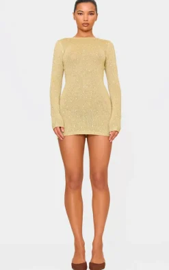 Gold Lurex Knit Gem Detail Open Back Mini Dress