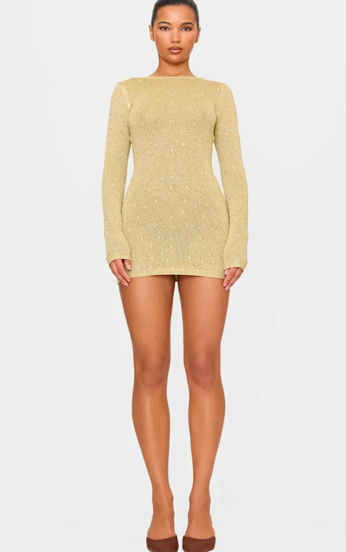 Gold Lurex Knit Gem Detail Open Back Mini Dress