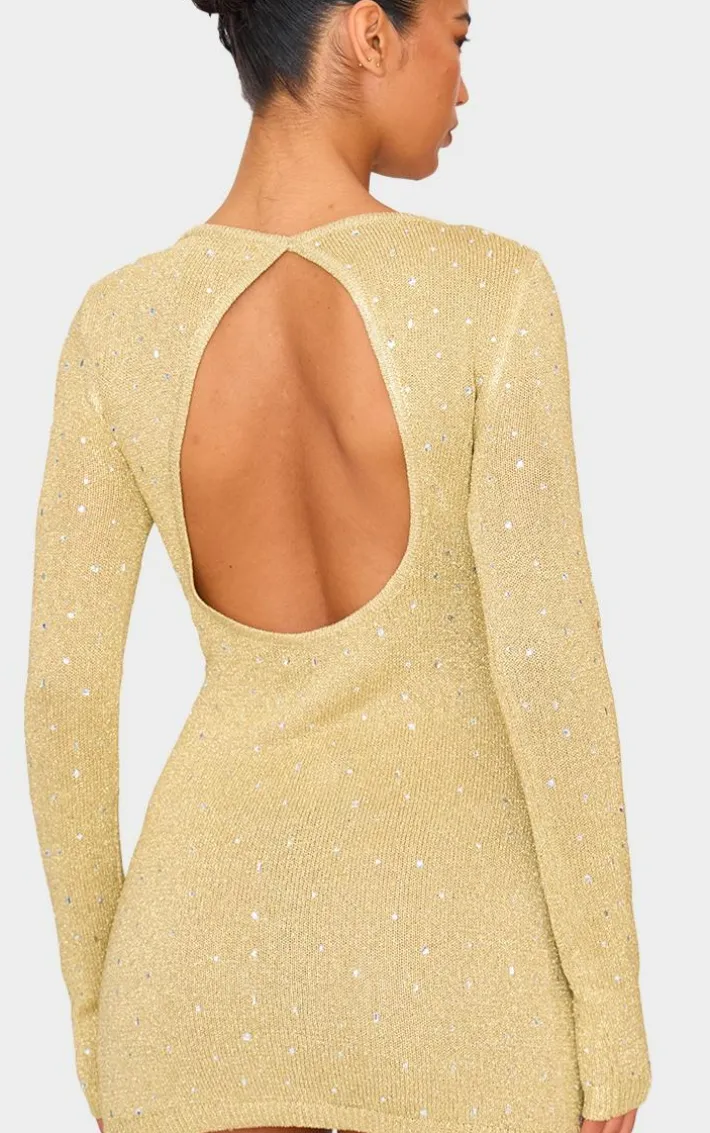 Gold Lurex Knit Gem Detail Open Back Mini Dress