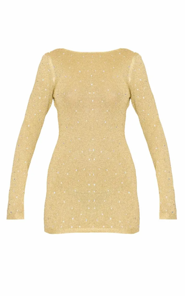 Gold Lurex Knit Gem Detail Open Back Mini Dress