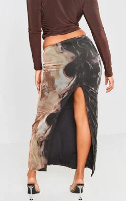 Gold Marble Printed Lined Mesh Maxi Skirt