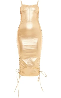 Gold Metallic Corset Detail Lace Side Midi Dress