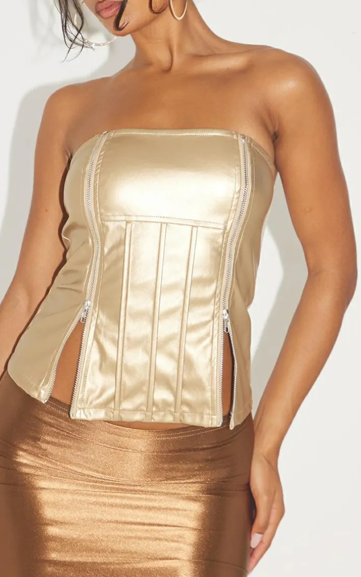 Gold Metallic Faux Leather Bandeau Zip Detail Corset Top