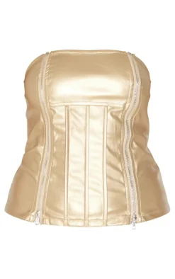 Gold Metallic Faux Leather Bandeau Zip Detail Corset Top