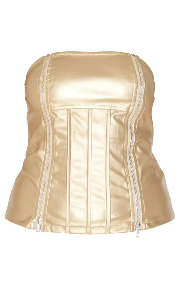 Gold Metallic Faux Leather Bandeau Zip Detail Corset Top