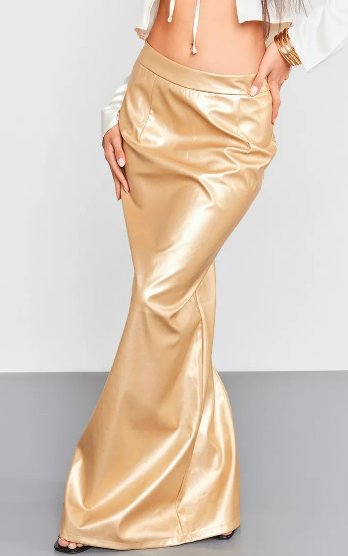 Gold Metallic Faux Leather Maxi Skirt