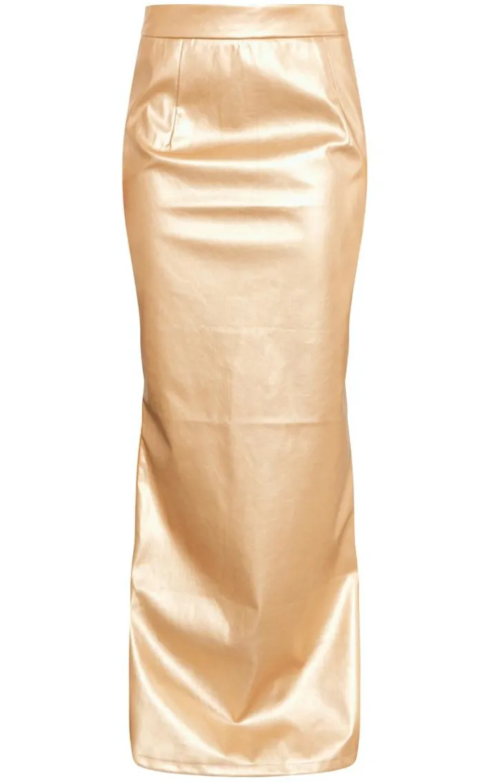 Gold Metallic Faux Leather Maxi Skirt