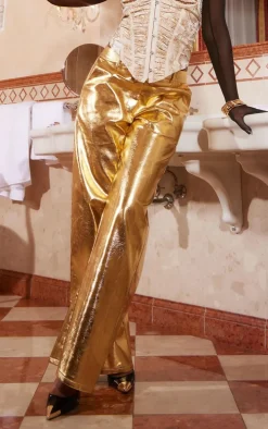 Gold Metallic Faux Leather Straight Leg Tailored Pants